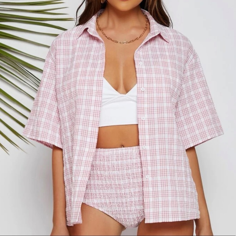 Collared Plaid Blouse and Short Set